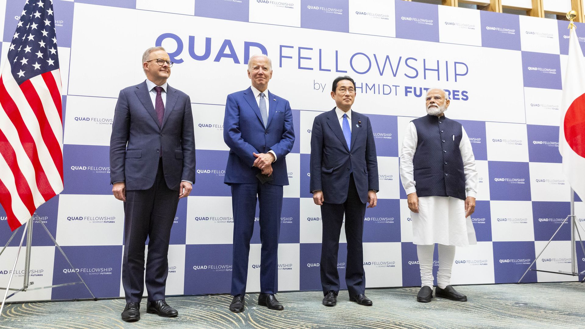 Australian Prime Minister Anthony Albanese, U.S. President Joe Biden, Japanese Prime Minister Fumio Kishida and Indian Prime Minister Narendra Modi at a meeting.