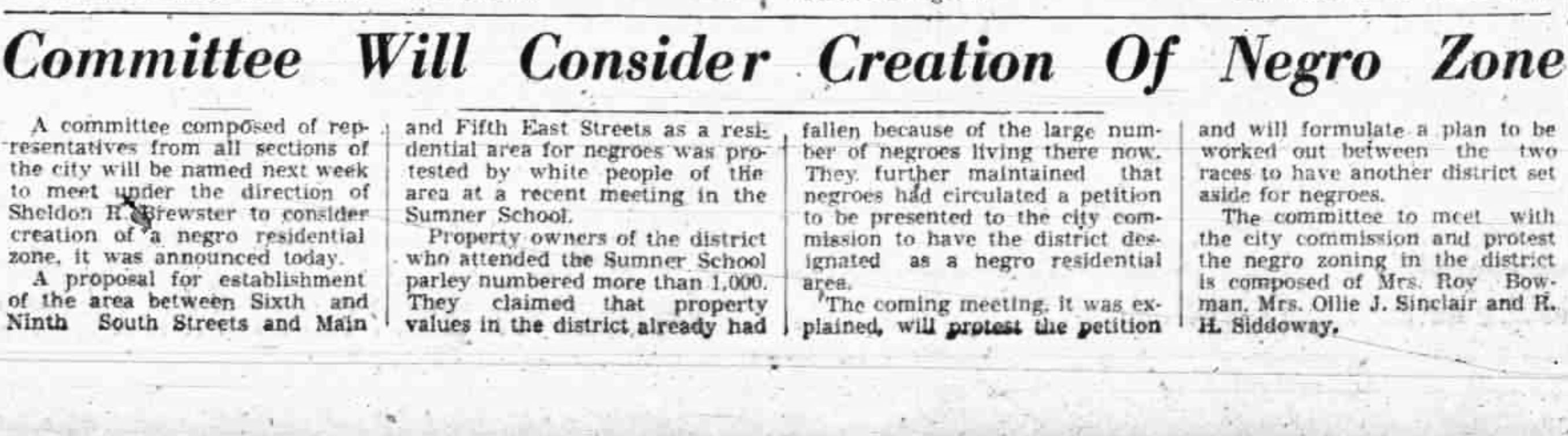 An old newspaper article is headlined "Committee Will Consider Creation Of Negro Zone"