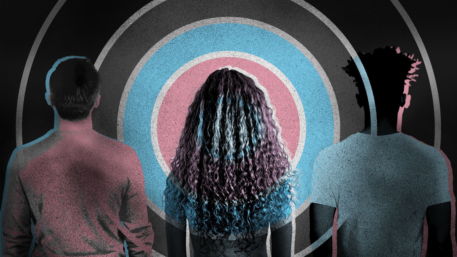 Illustration of three people in front of a target made of the Transgender Pride flag colors.