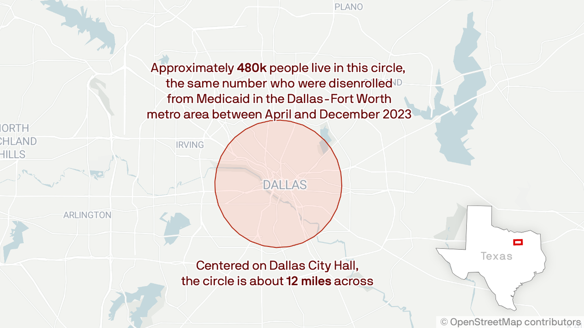 A map showing a circle showing how many people were removed from Medicaid in North Texas