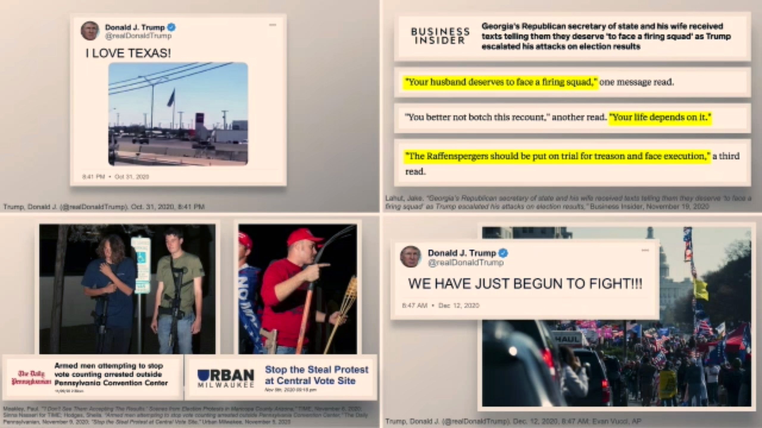 A compilation of impeachment exhibits is seen in a montage.