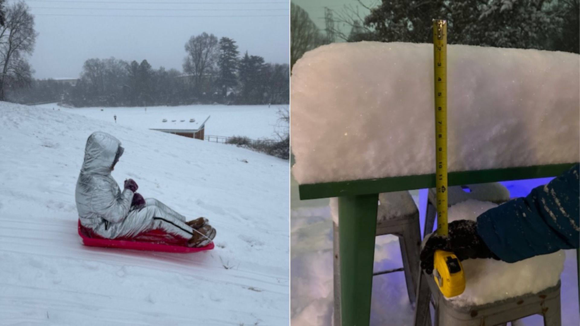 Left: Person in silver snowsuit sledding on a snowy hill. Right: Hand in black glove holding yellow tape measure showing about 12 inches of snow on a green outdoor table.
