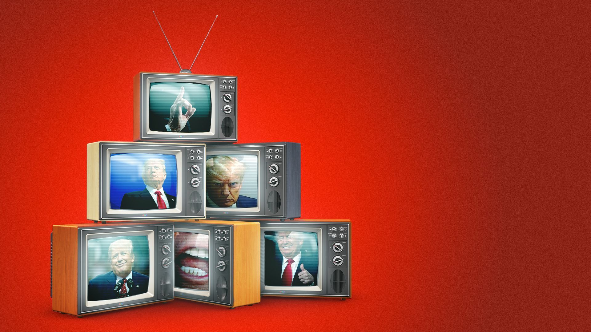Photo illustration of a stack of televisions showing various images of Donald Trump on the screens.