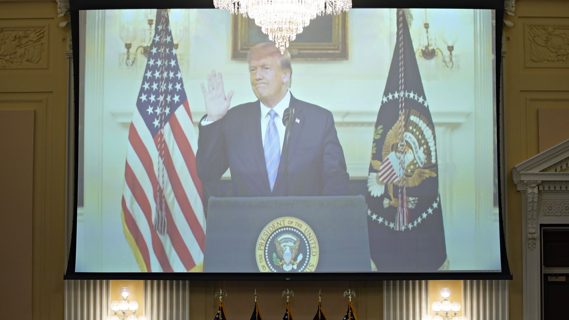 A video of former President Donald Trump played on a screen during a hearing of the Select Committee to Investigate the January 6th Attack