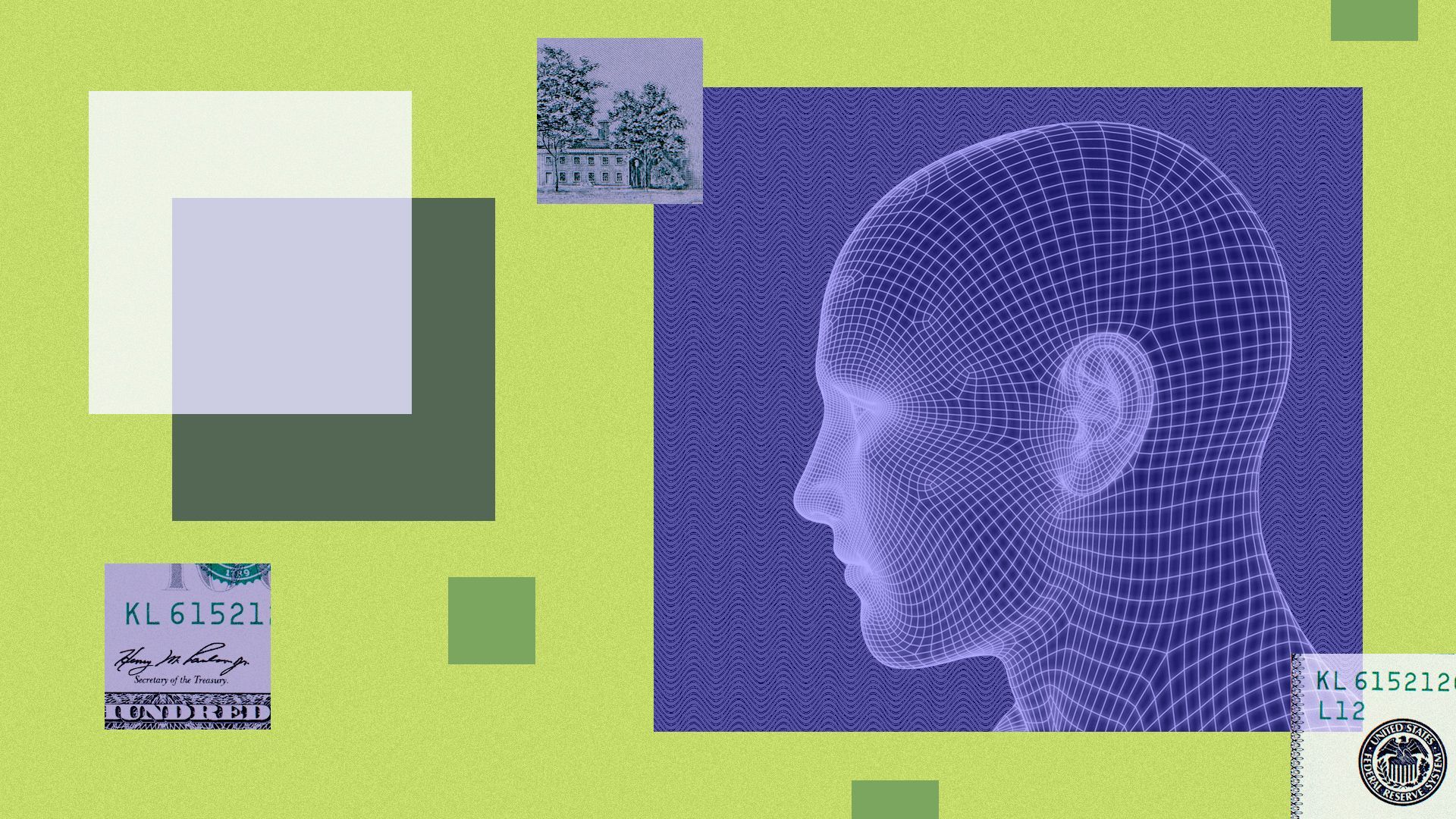Illustration of a 3D wireframe of a head surrounded by money elements and abstract shapes.