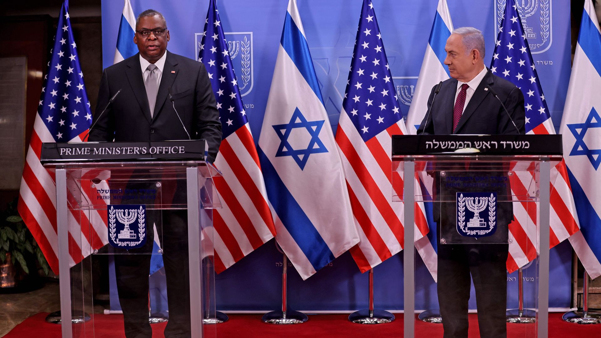 US Defence Secretary Lloyd Austin (L) and Israeli Prime Minister Benjamin Netanyahu give a statement after their meeting at the Premier's office in Jerusalem on April 12, 2021. 