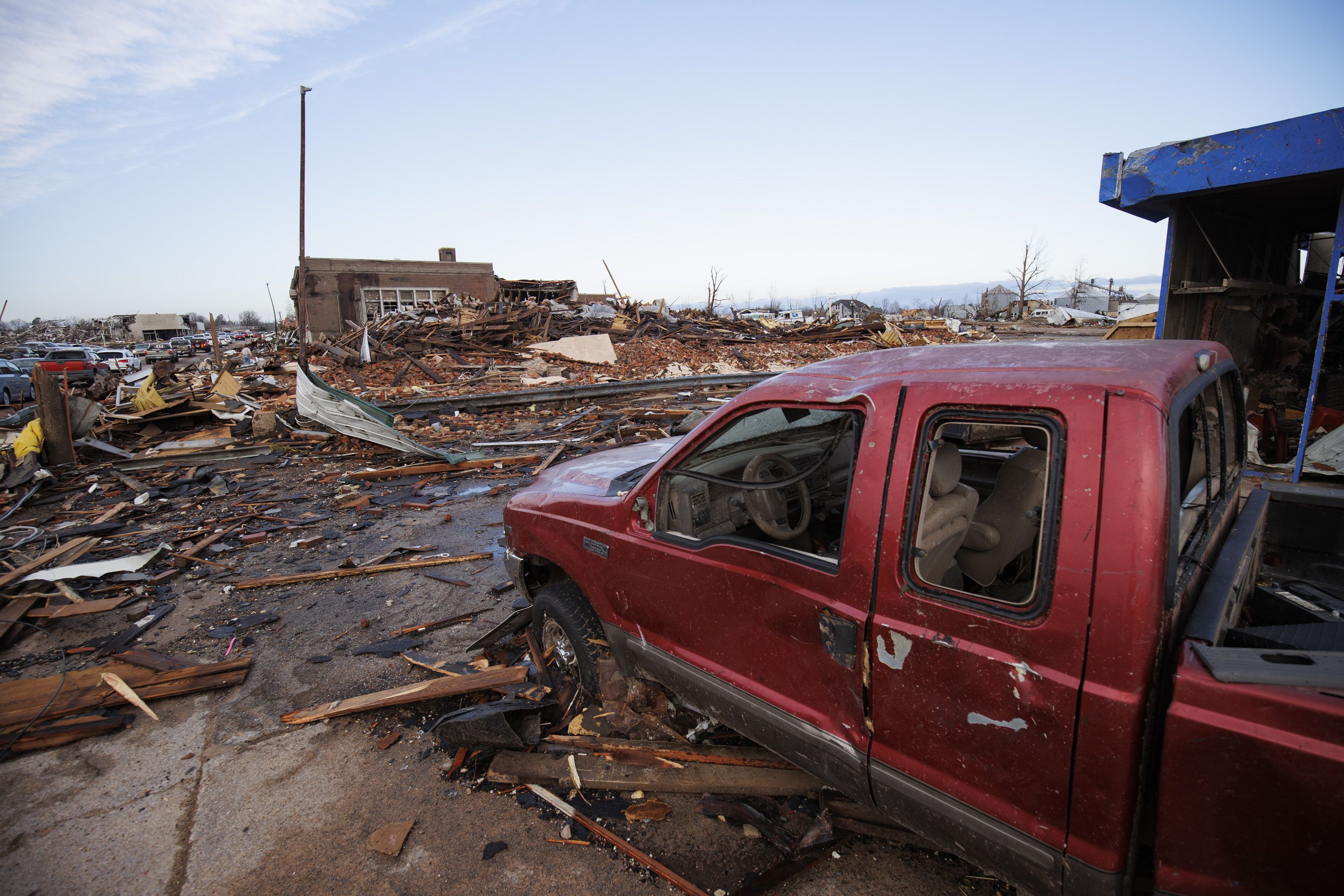Heavy damage is seen downtown after a tornado swept through the area on December 11, 2021 in Mayfield, Kentucky.