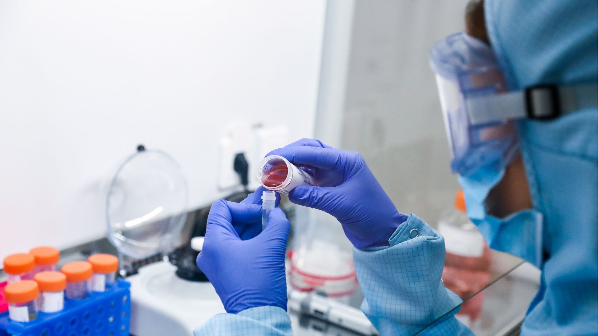 A worker in a lab at Nearmedic Pharma's integrated works manufacturing reagents for forensic DNA fingerprinting and relationship testing at the Obninsk industrial park, Russia