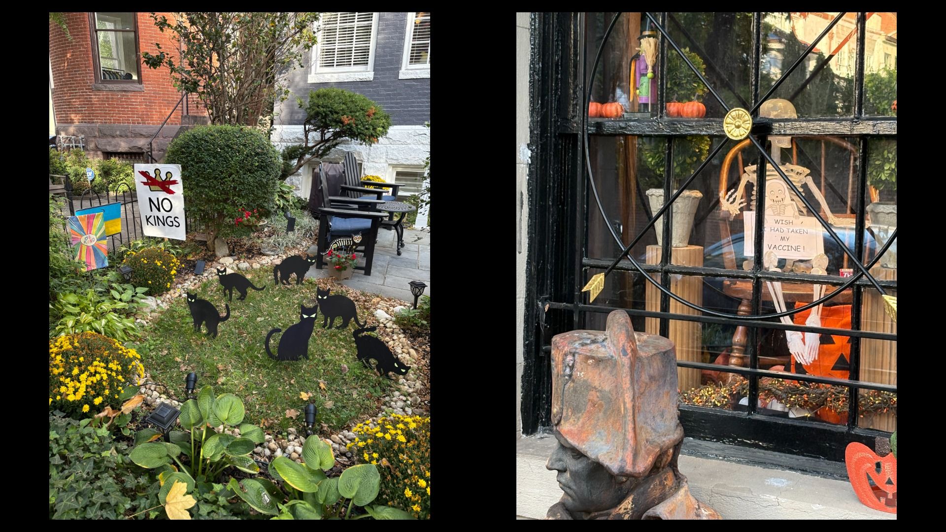 Left: Garden with black cat cutouts, a "No Kings" sign, and colorful flags. Right: Window with a skeleton holding a "Wish I had taken my vaccine!" sign, pumpkins, and a sculpture head outside.