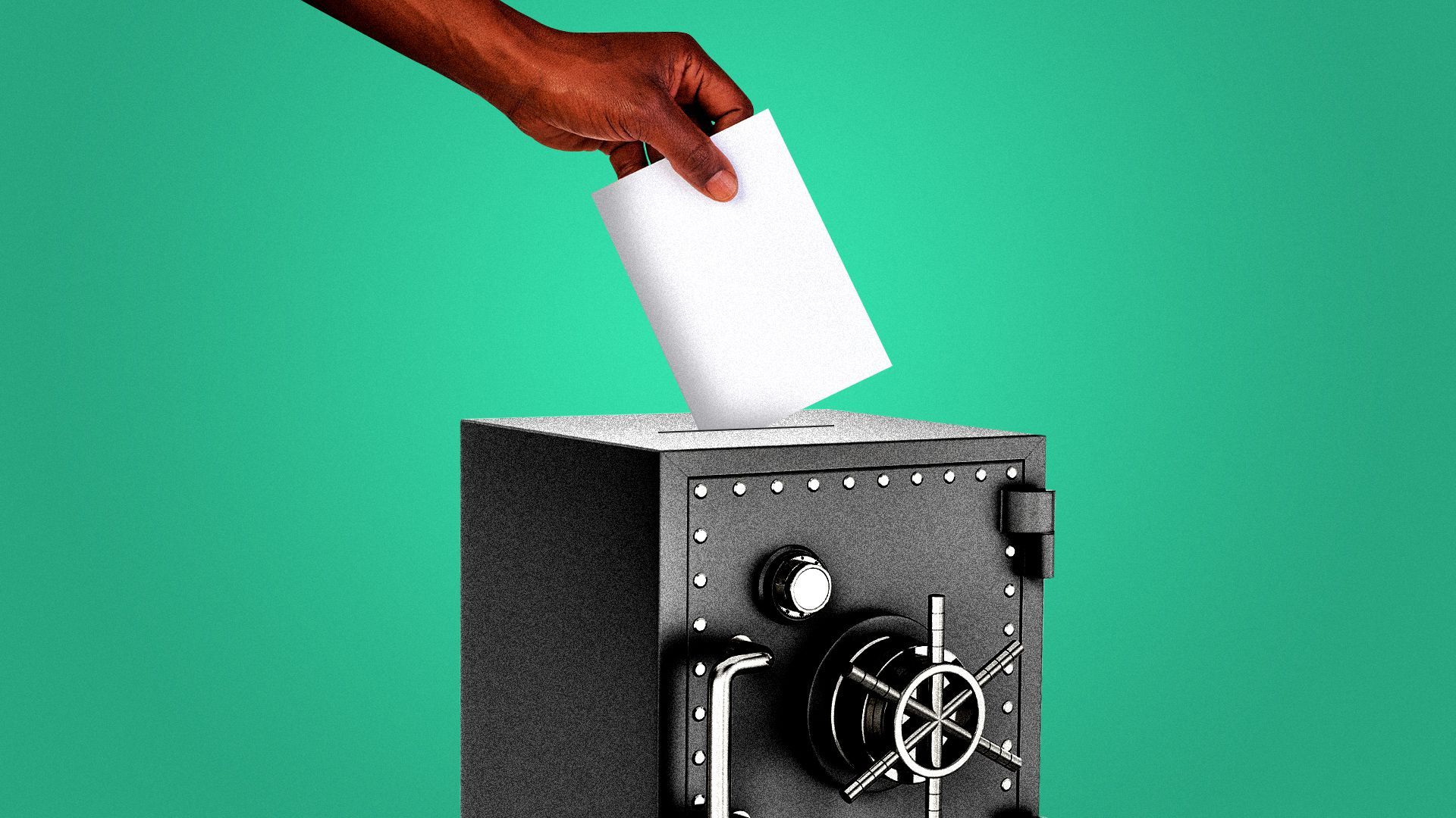 Illustration of a hand putting a ballot into a slit at the top of a safe as if it were an ballot box.