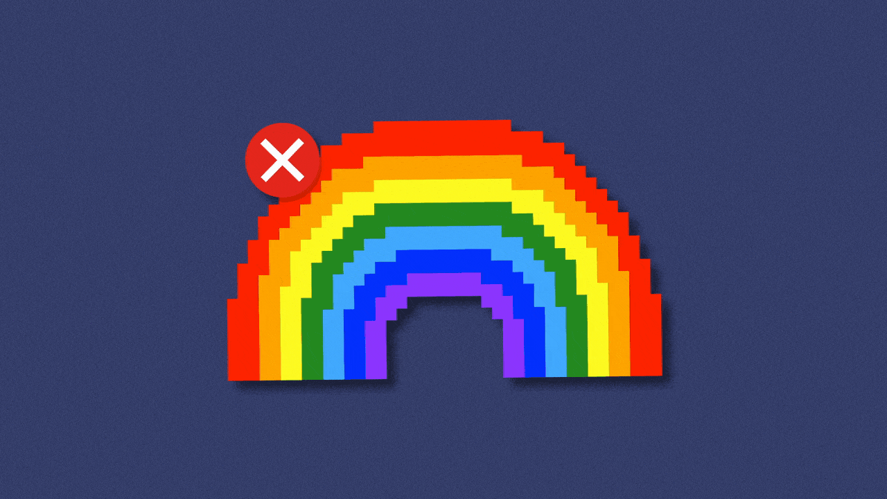 Illustration of a pixel rainbow icon with an "X" wiggling.