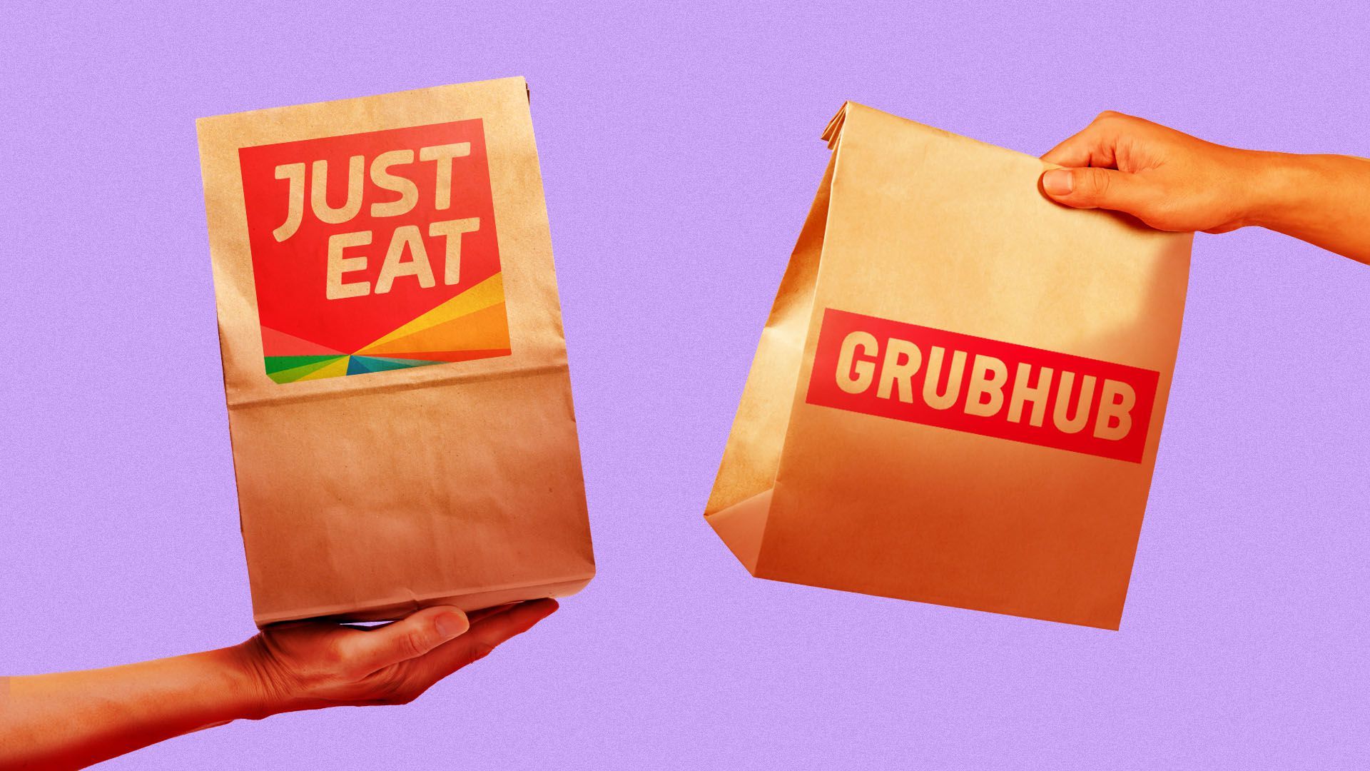 Illustration of a hand holding a delivery bag with the Just Eat logo, and another holding a bag with the Grubhub logo
