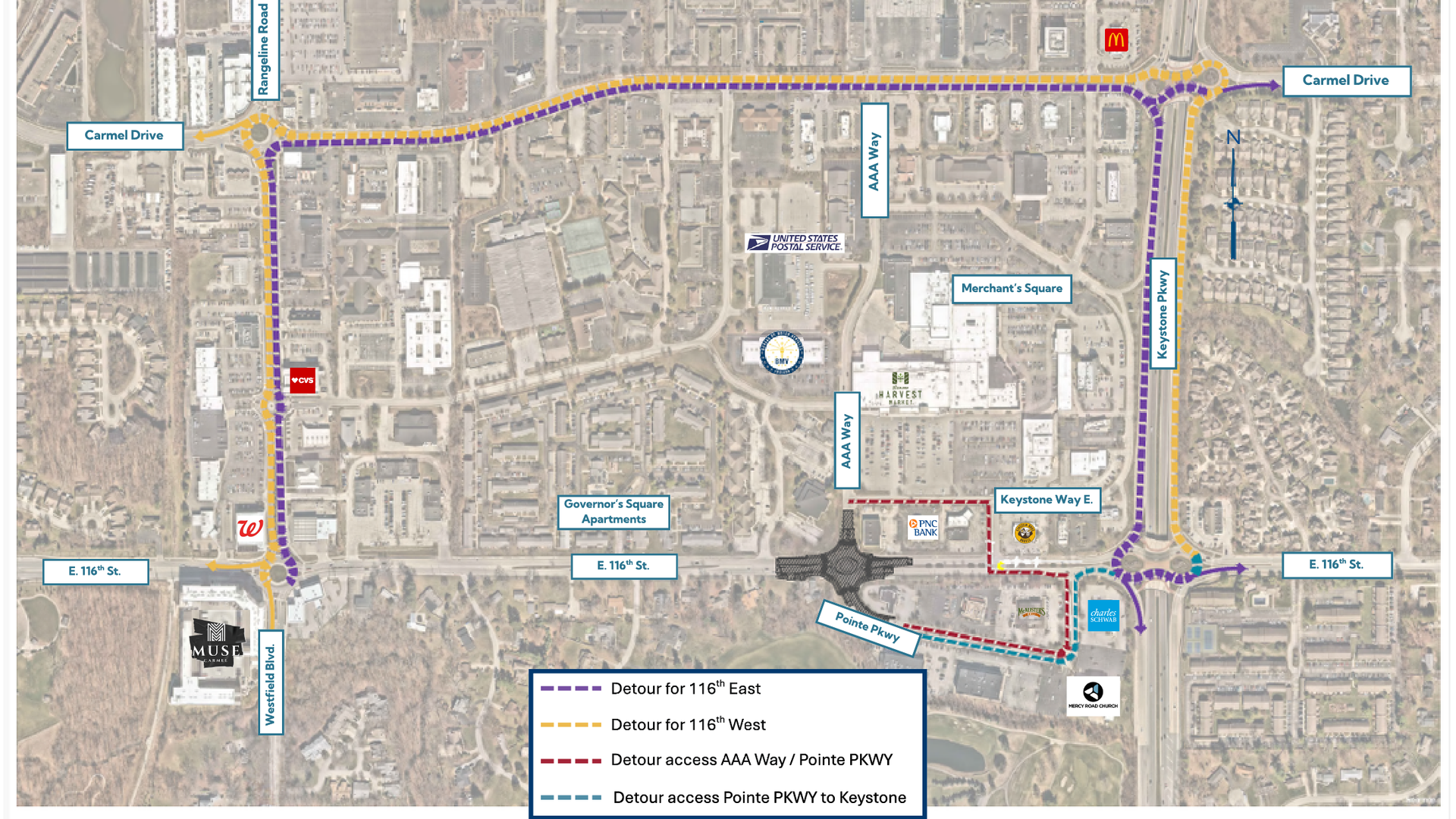 A detour map of the planned closure of 116th Street and AAA Way in Carmel. 