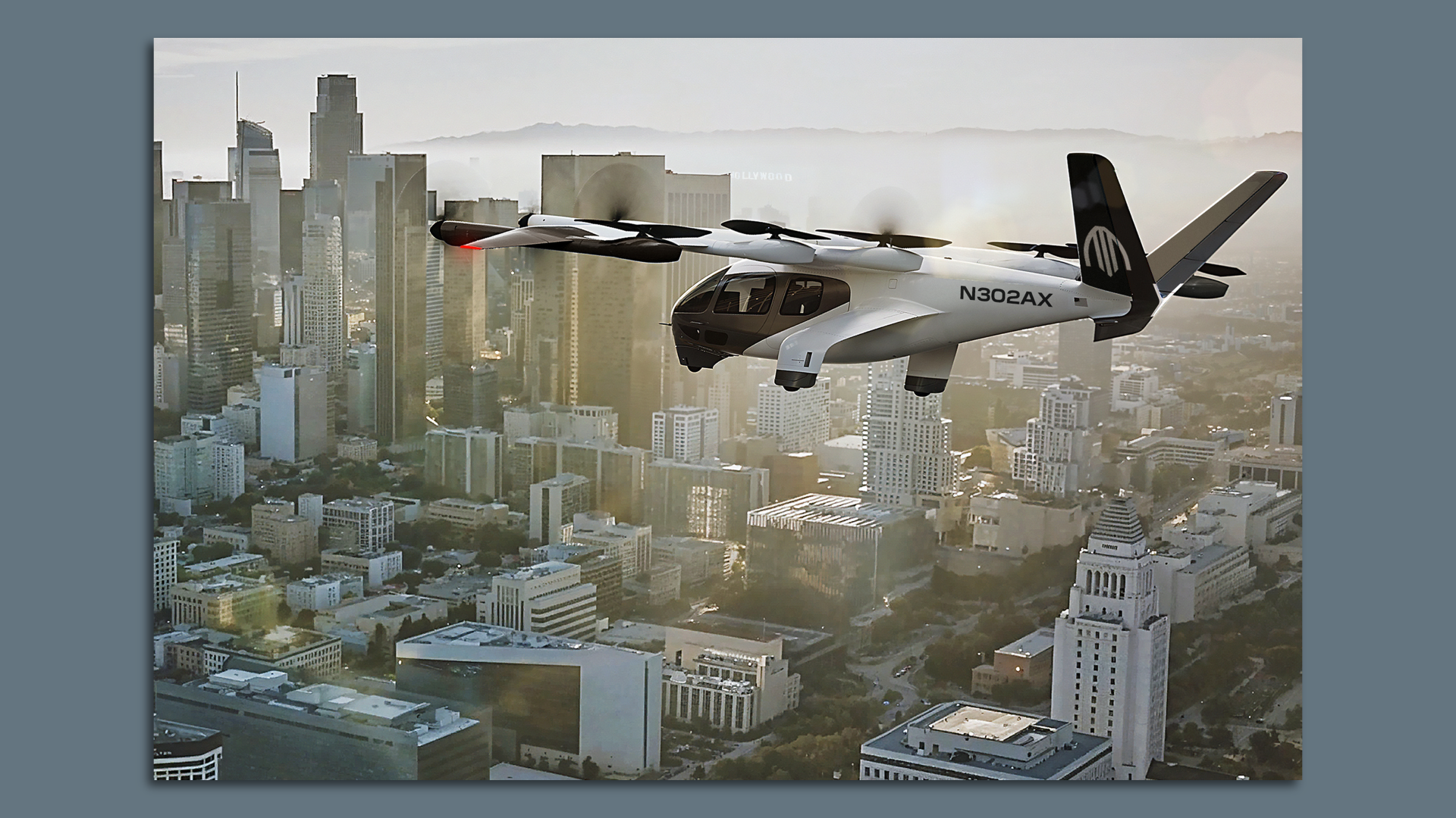 White multi-rotor Archer aircraft flies over a dense city skyline with tall skyscrapers and a hazy mountain backdrop; black tail with emblem and fuselage marked N302AX.