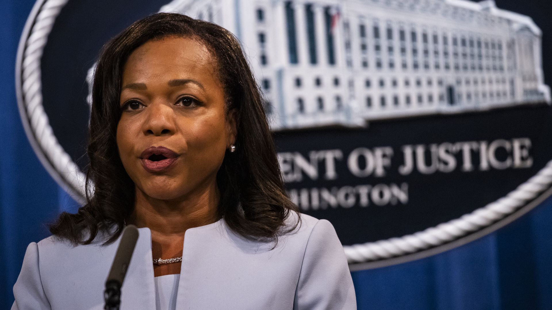 Kristen Clarke, assistant U.S. attorney general for civil rights, speaks during a news conference at the Department of Justice in Washington, D.C.