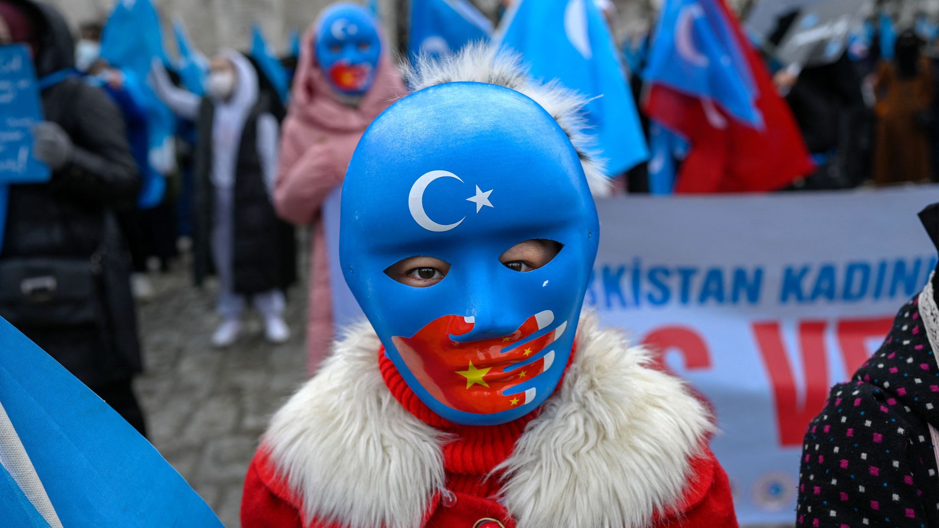 An Uyghur child at the protest in Istanbul on March 25, 2021. 