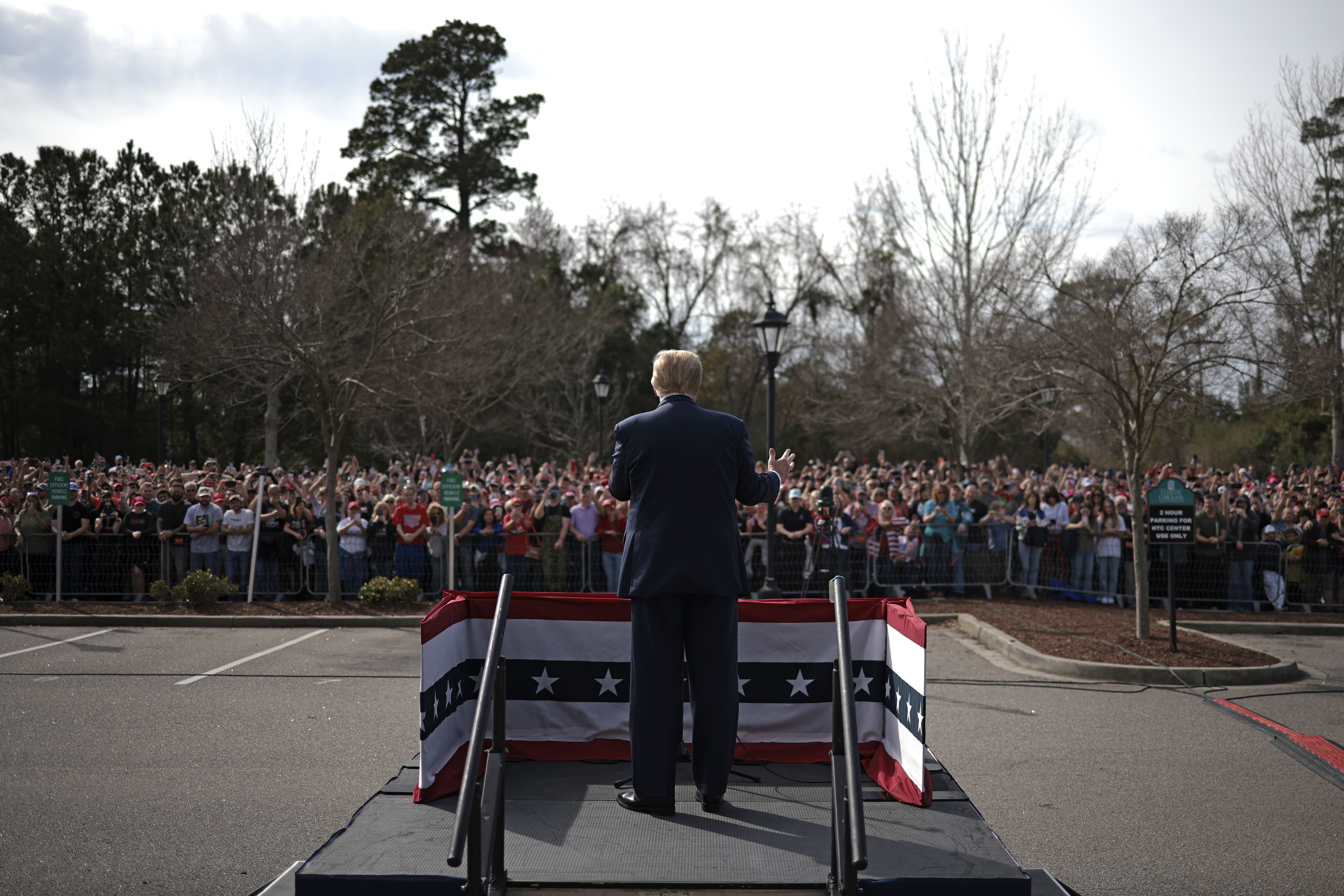 Republican presidential candidate and former President Donald Trump speaks to an overflow crowd during a Get Out The Vote rally at Coastal Carolina University on February 10, 2024 in Conway, South Carolina