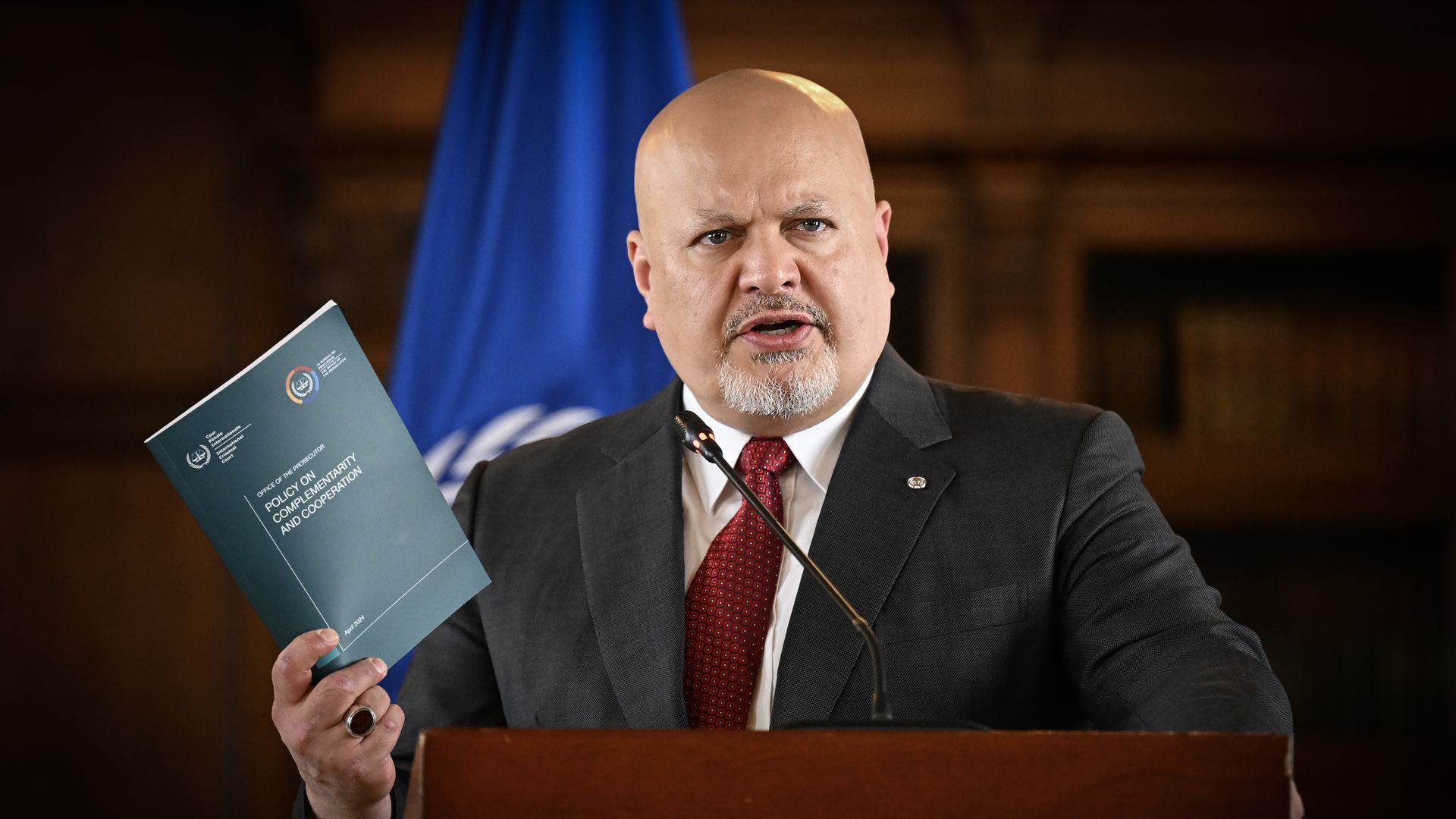 International Criminal Court (ICC) Prosecutor Karim Khan speaks during a press conference at the San Carlos Palace in Bogota, on April 25, 2024.