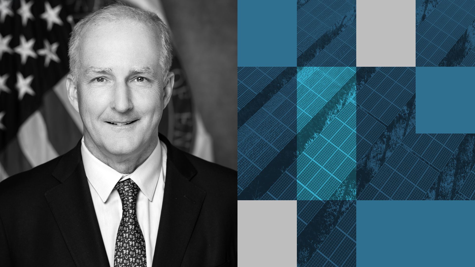 an illustration of DOE undersecretary David Crane next to abstract shapes and solar panels