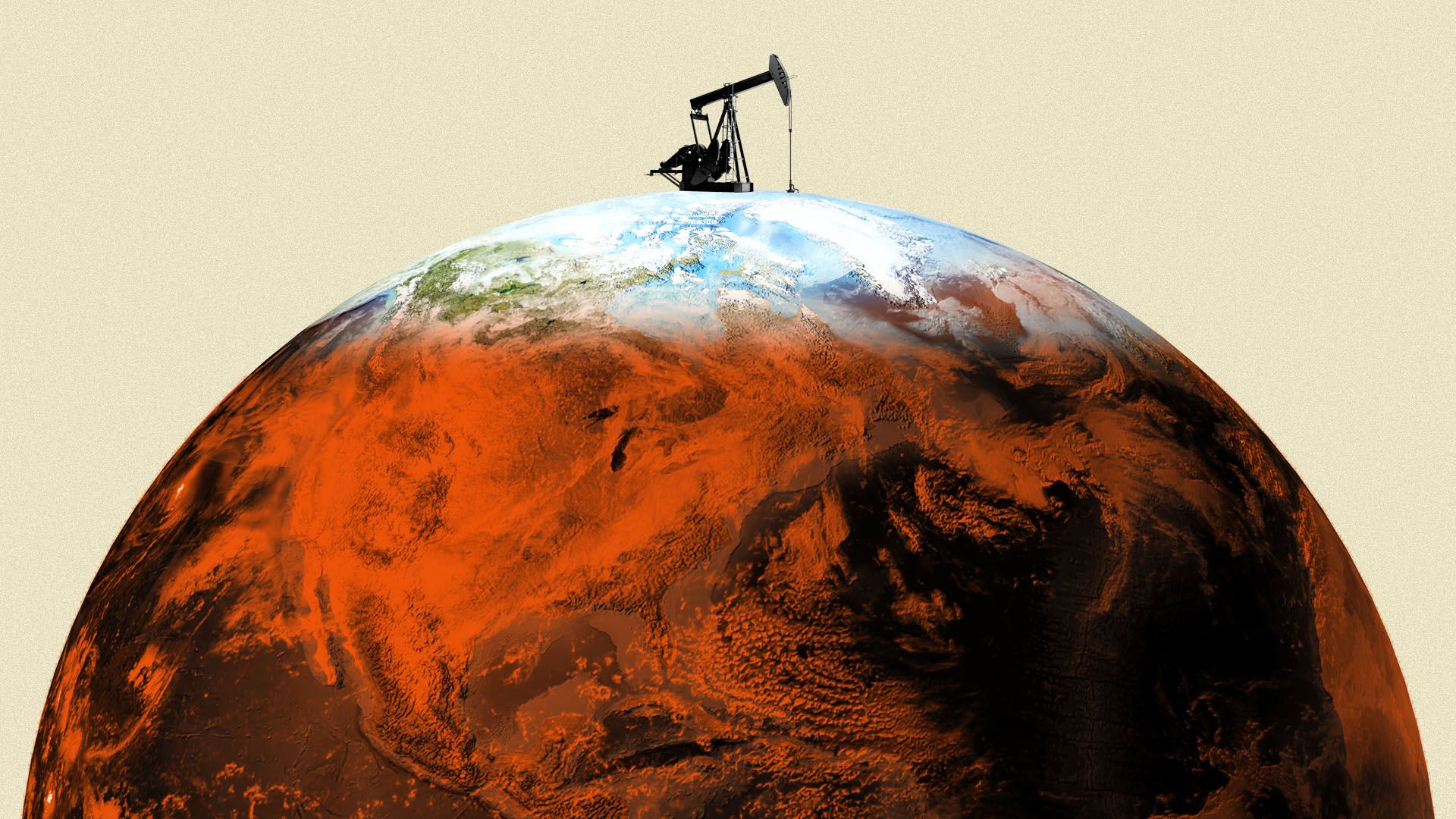Illustration of a tiny natural gas rig on top of a warming planet 