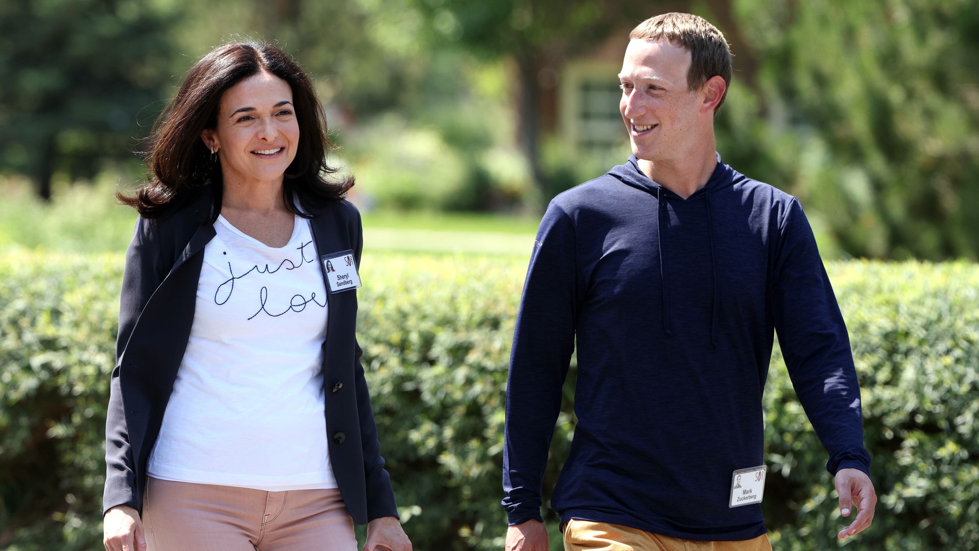 Meta COO Sheryl Sandberg with Meta CEO Mark Zuckerberg in Sun Valley, Idaho, in July 2021.