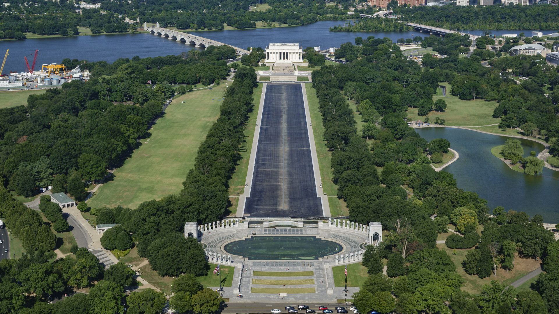 An aerial photo of the Lincoln Memorial Reflecting Pool.