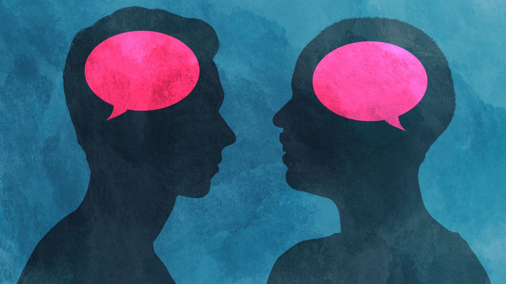 Illustration of silhouettes of two people facing each other with bright pink speech bubbles inside their heads against a textured blue background, symbolizing communication or shared thoughts