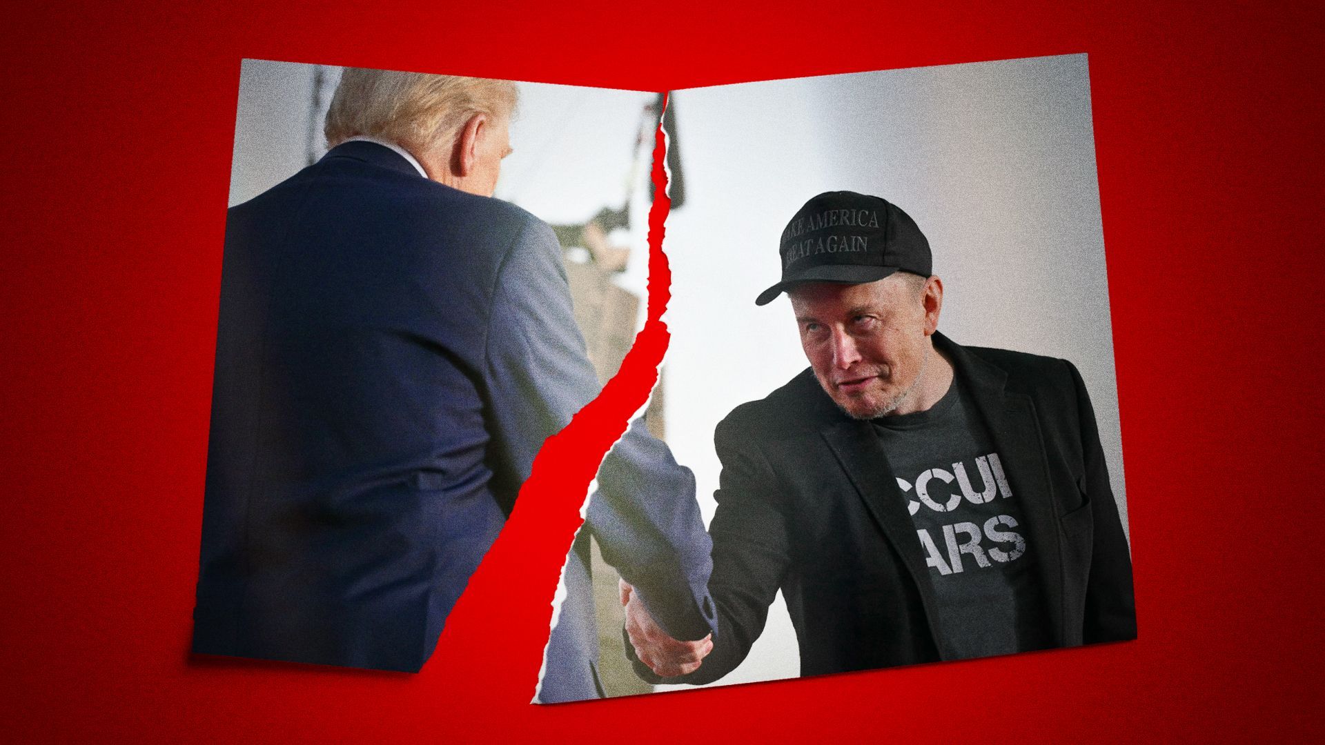 Photo illustration of a torn photograph showing Donald Trump and Elon Musk. 