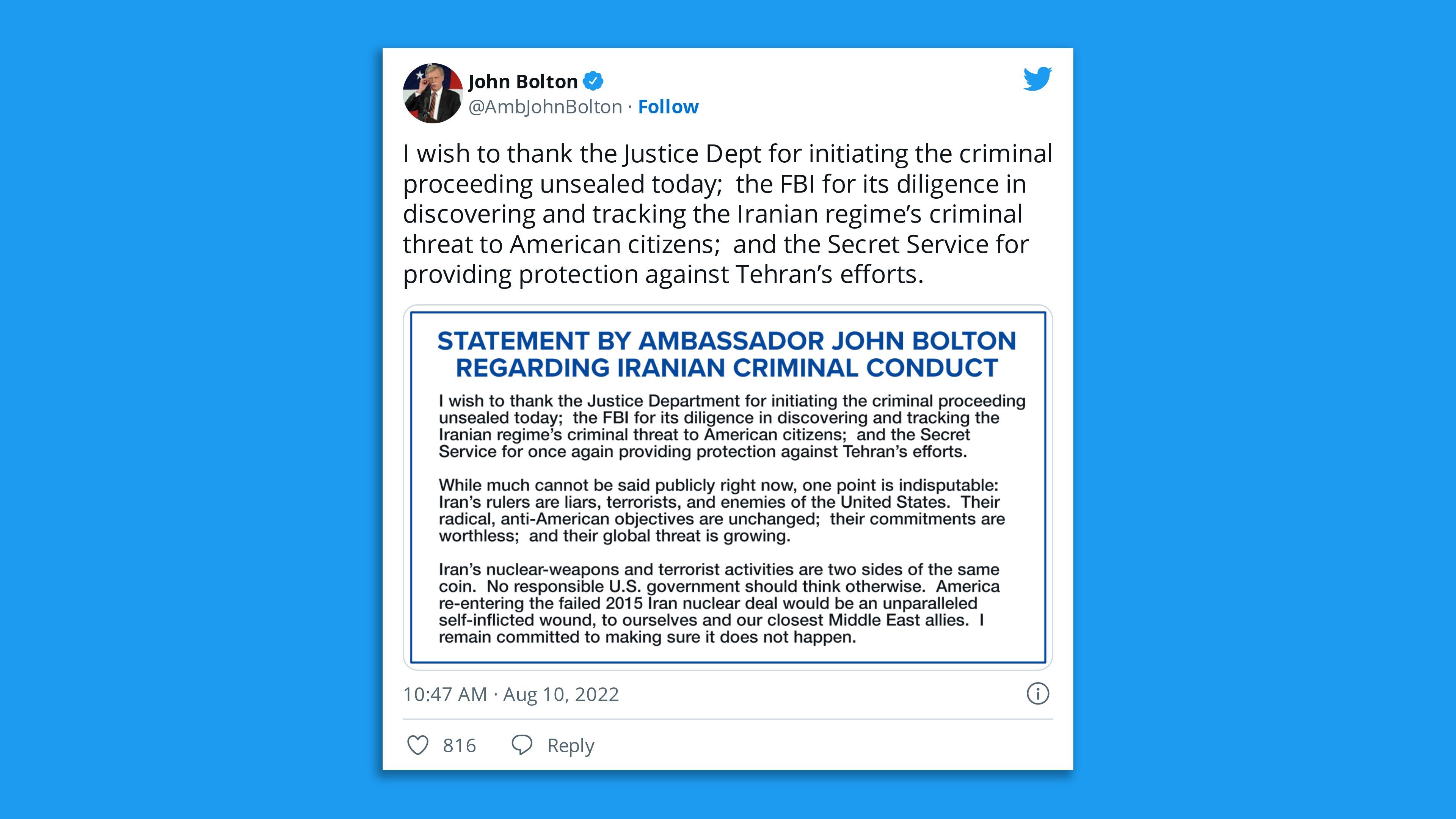 A screenshot of John Bolton's Twitter post thanking the DOJ after charges were laid in an alleged Iranian plot to kill him.