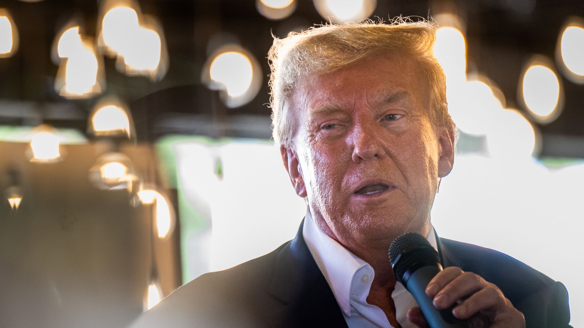 Donald Trump speaks during a rally at the Steer N' Stein bar at the Iowa State Fair 