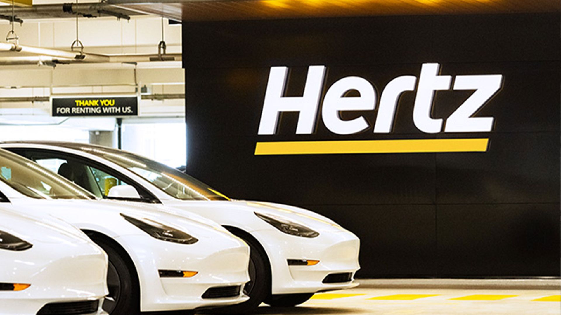 Image of three white Tesla Model 3s parked in a Hertz parking garage. 
