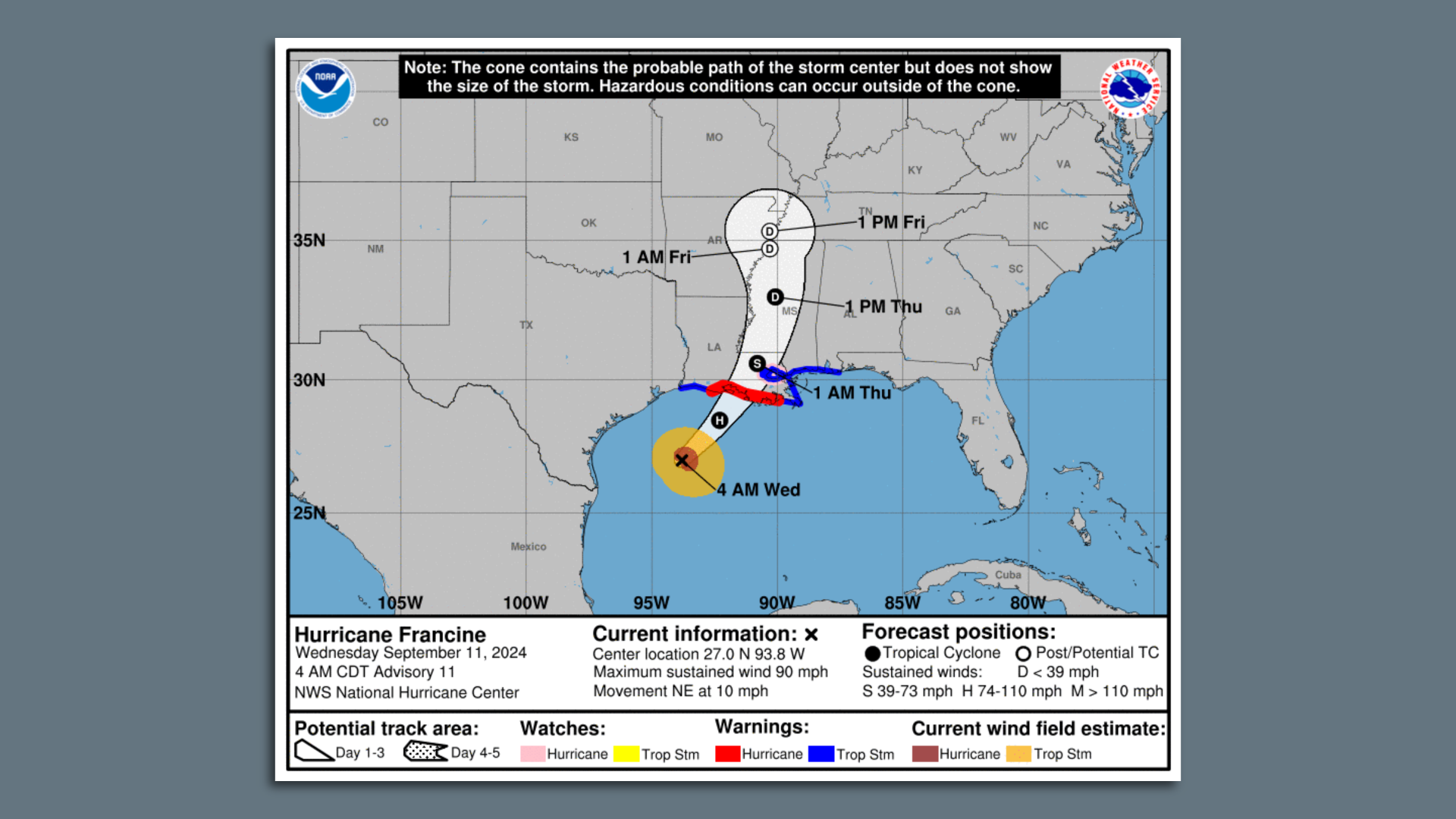 Image shows a map of Hurricane Francine.