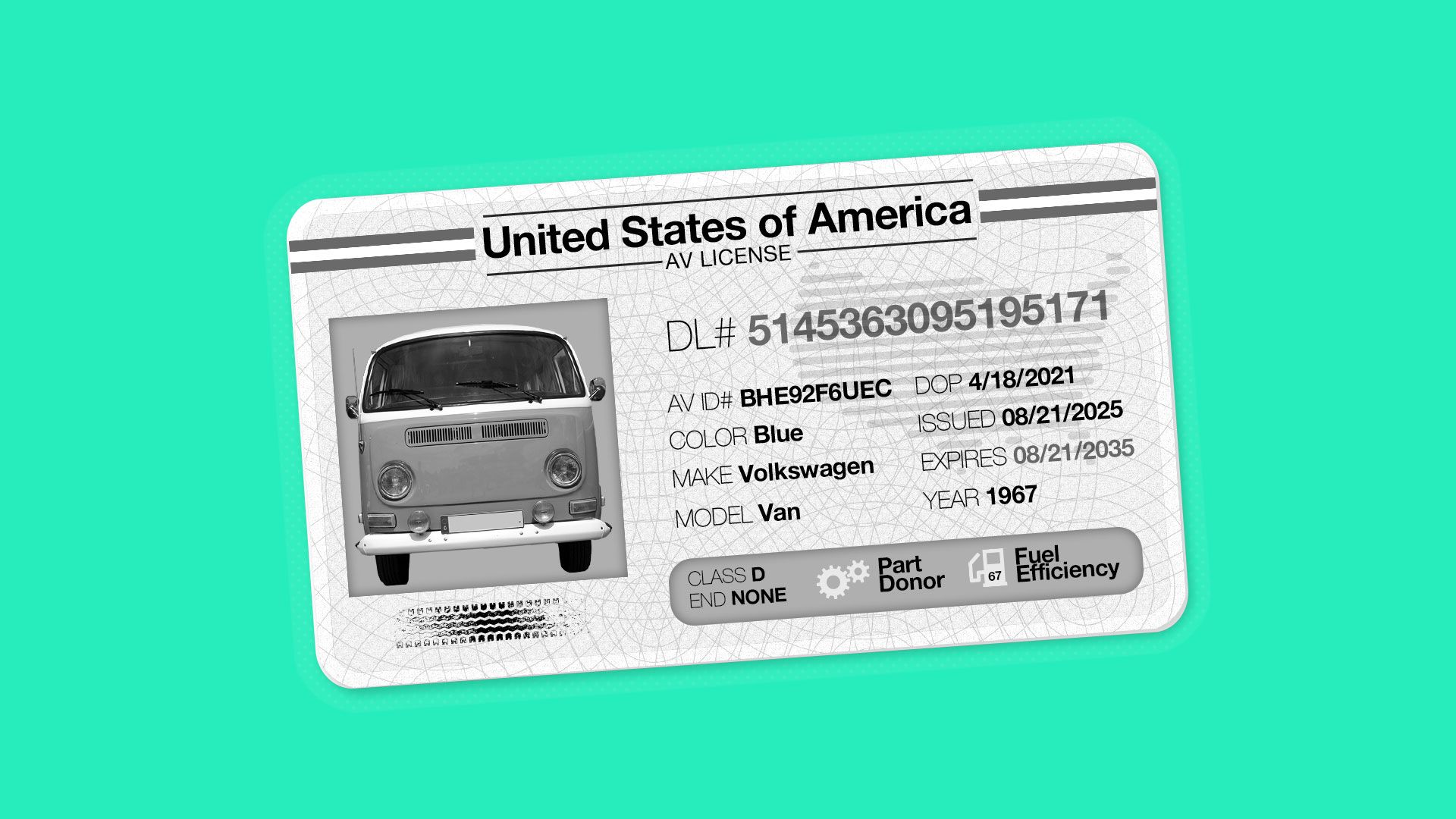 imagined mock-up of a driver's license for a self-driving car