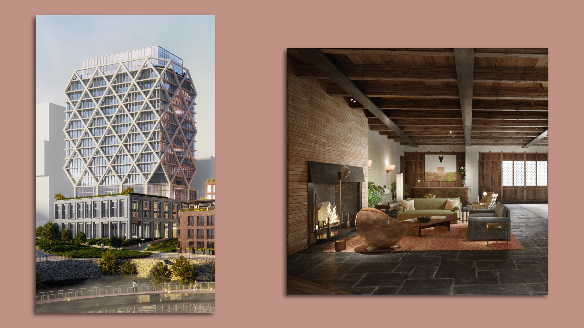 Side by side renderings of a 16-floor tower with a diagonal-grid exterior and a lobby with a large fireplace, seating area and wooden beams
