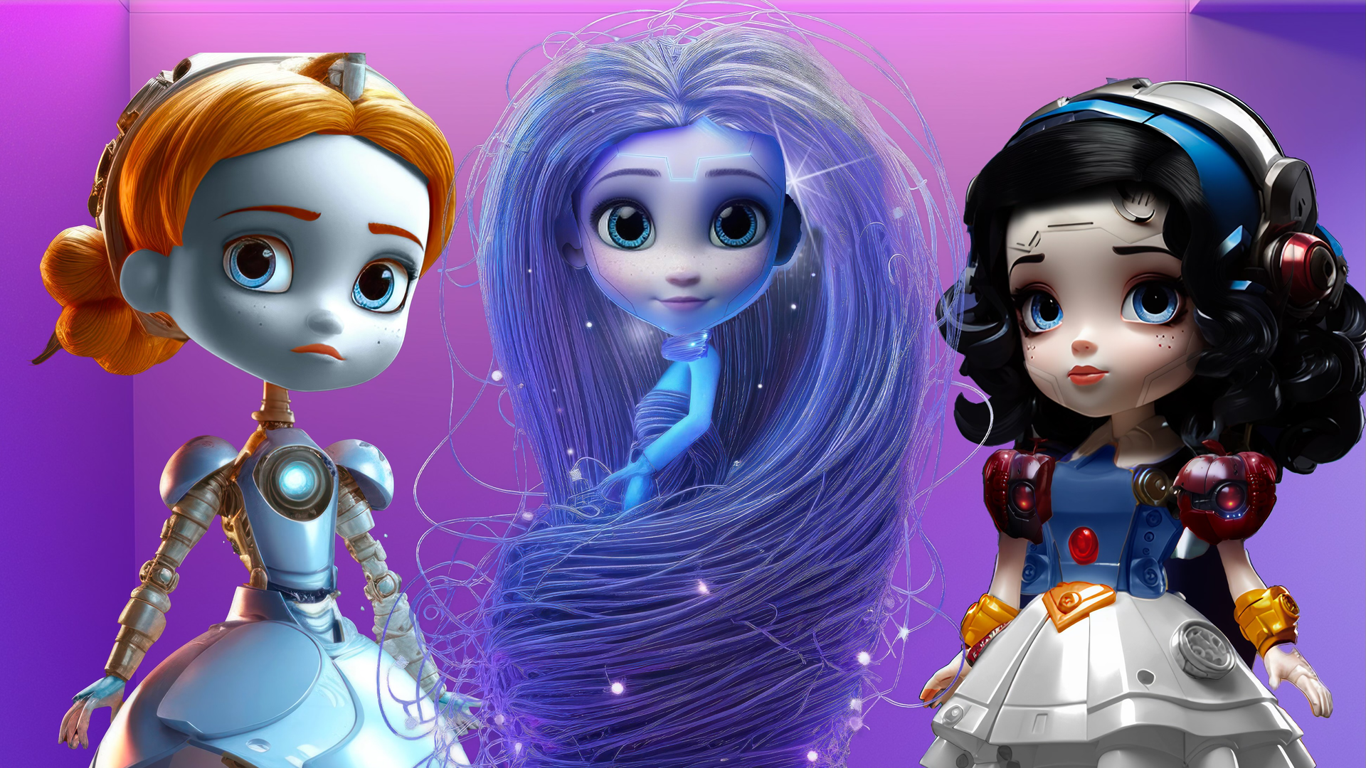 An image of a robot version of Cinderella, Rapunzel and Snow White