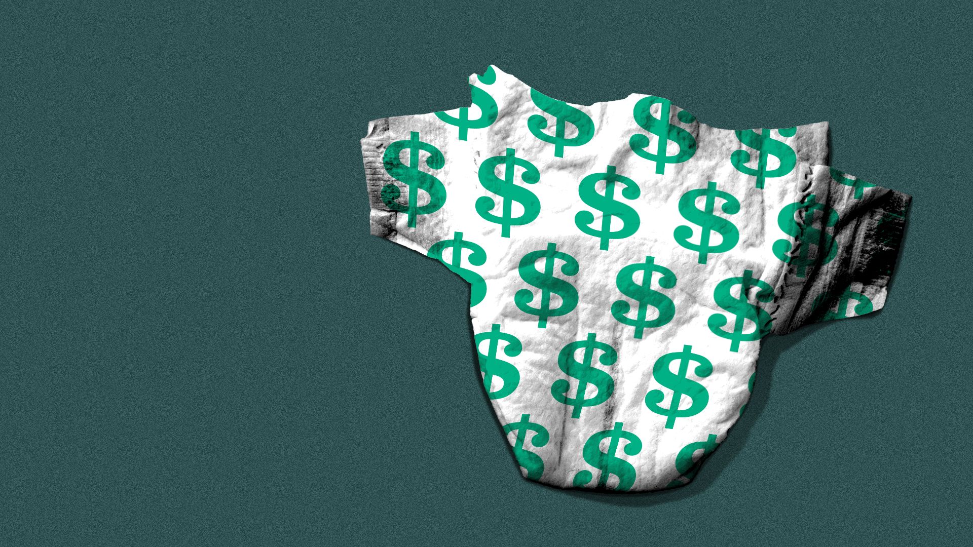 A graphic showing a white diaper with green dollar signs printed all over it. 