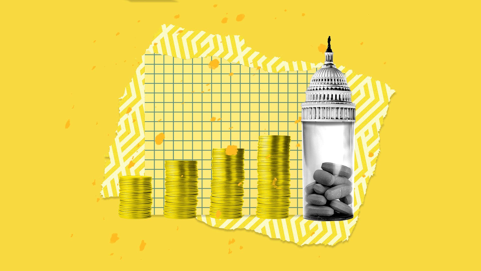 Collage illustration of Congress, coins and a medicine bottle.