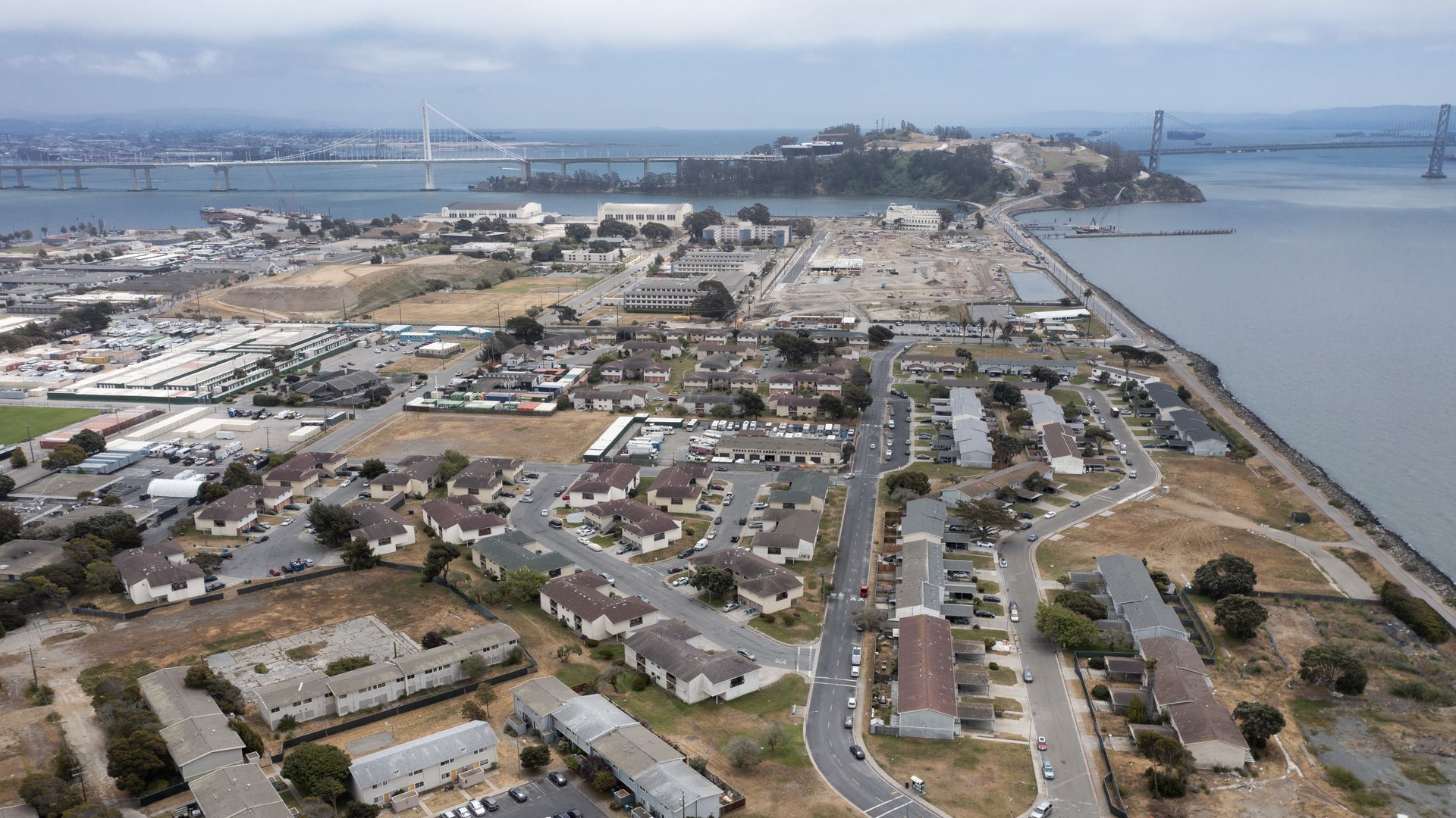 Aerial view of Treasure Island's landscape, including roads and buildings