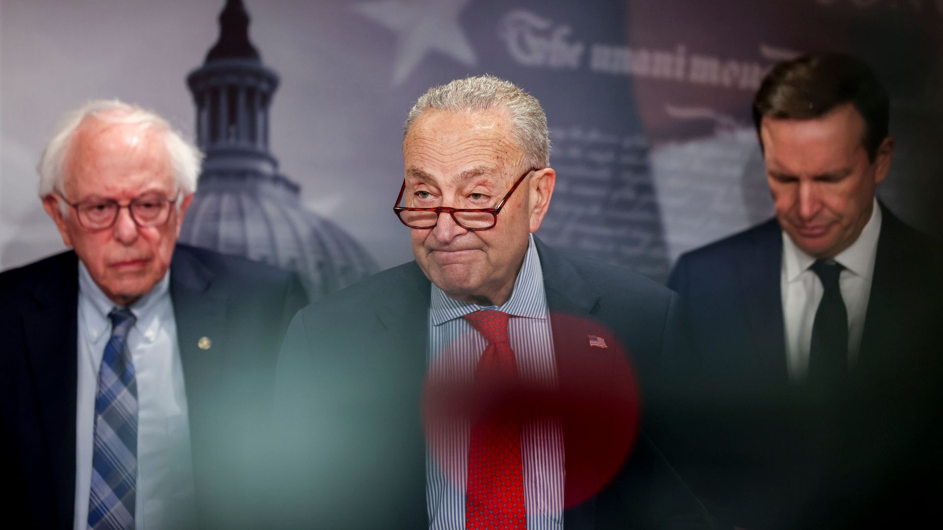 Senator Bernie Sanders, an Independent from Vermont, from left, Senate Minority Leader Chuck Schumer, a Democrat from New York, and Senator Chris Murphy, a Democrat from Connecticut, during a news conference at the US Capitol in Washington, DC, US, on Thursday, March 6, 2025.