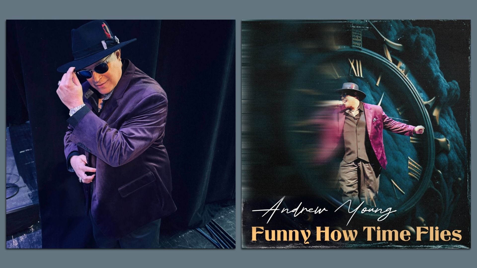 Two images of a man in a purple velvet jacket, black hat and sunglasses; left photo shows him adjusting his hat, right photo shows him dancing in front of a large clock with "Andrew Young Funny How Time Flies" text.