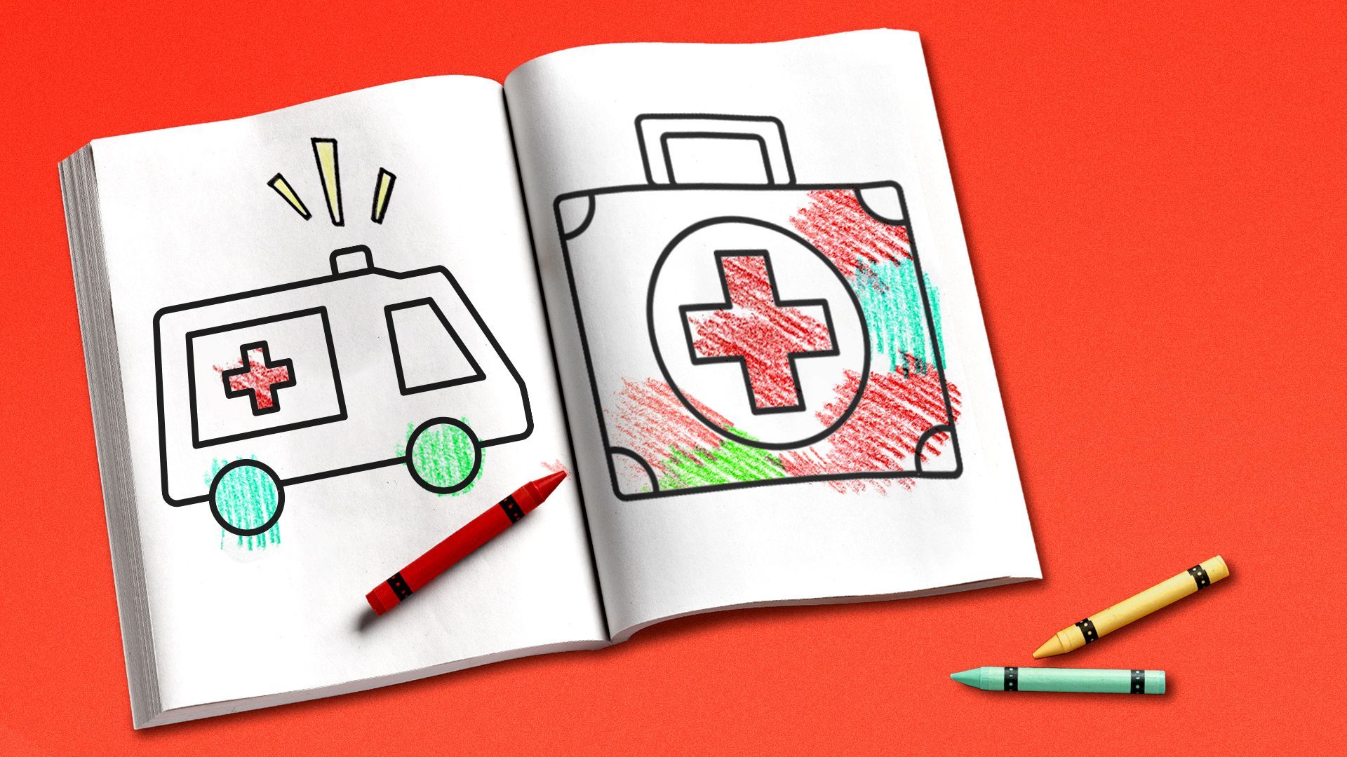 Illustration of some crayons next to a children's coloring book featuring a partially colored ambulance on one page and a colored medical bag on the opposite page.