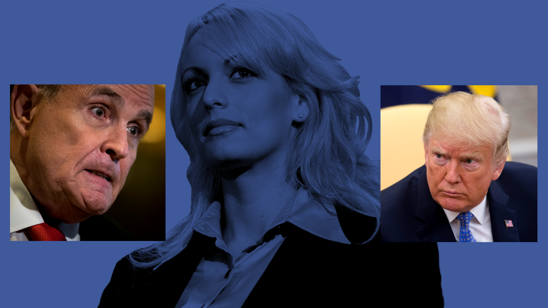 An illustration of Stormy Daniels with Rudy Giuliani on the left and Trump on the right