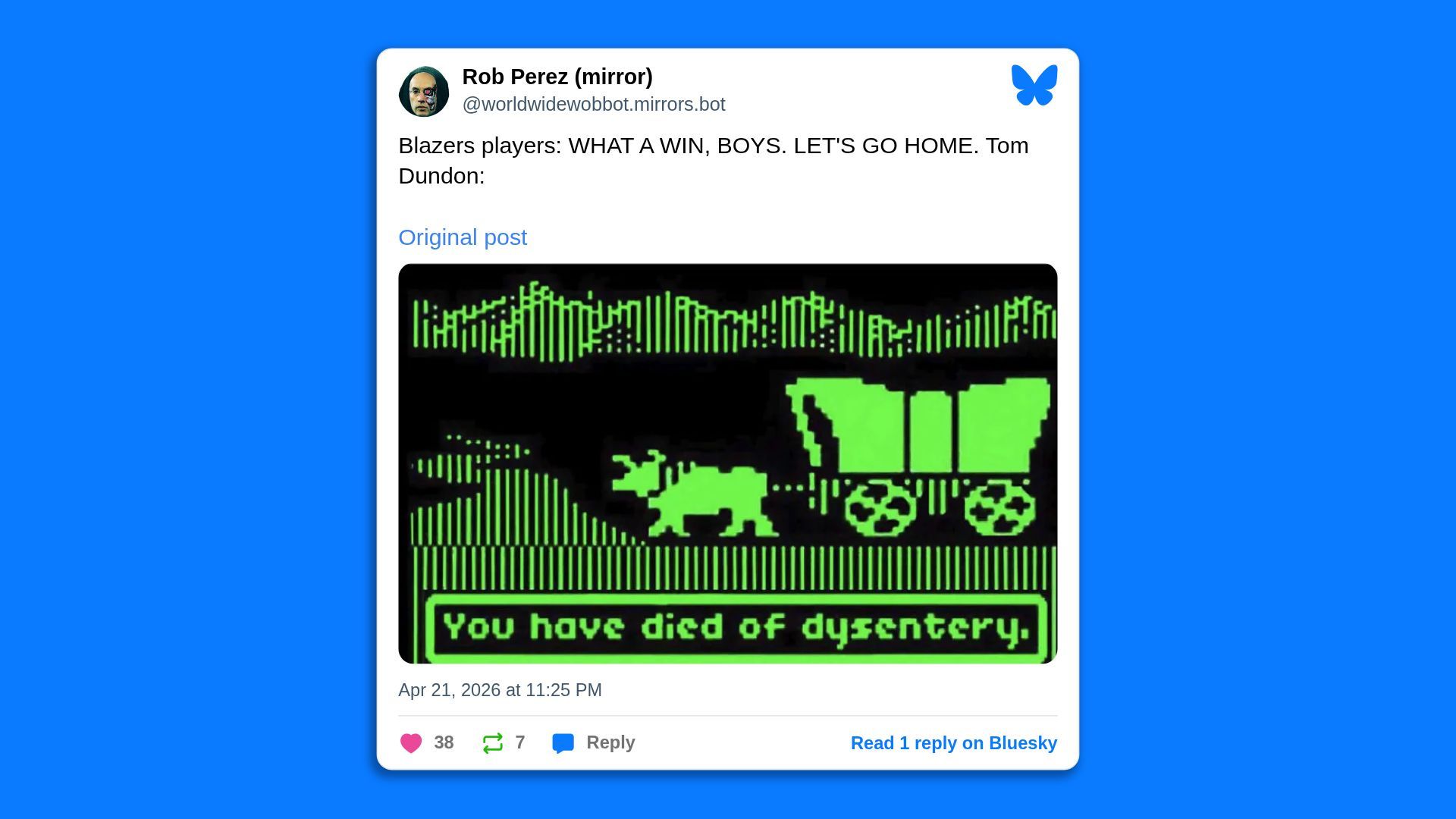 Blue Bluesky post card featuring Rob Perez's tweet about the Blazers, with a retro green-on-black pixel image of a wagon and the caption "You have died of dysentery" below.