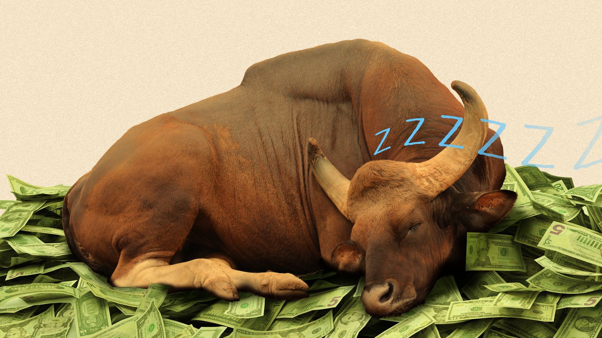 Illustration of a bull sleeping on a bed of money with "zzz's" coming from its head