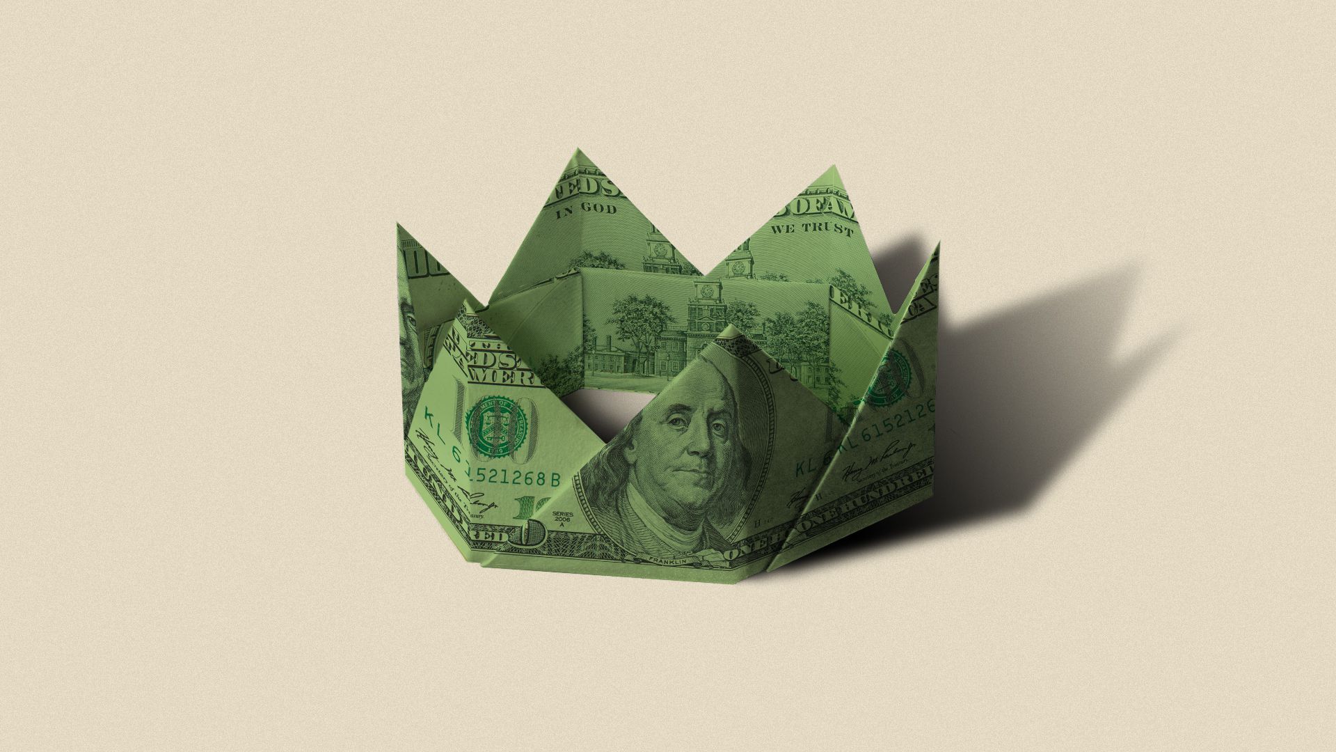 Illustration of a green crown made of folded dollar bills