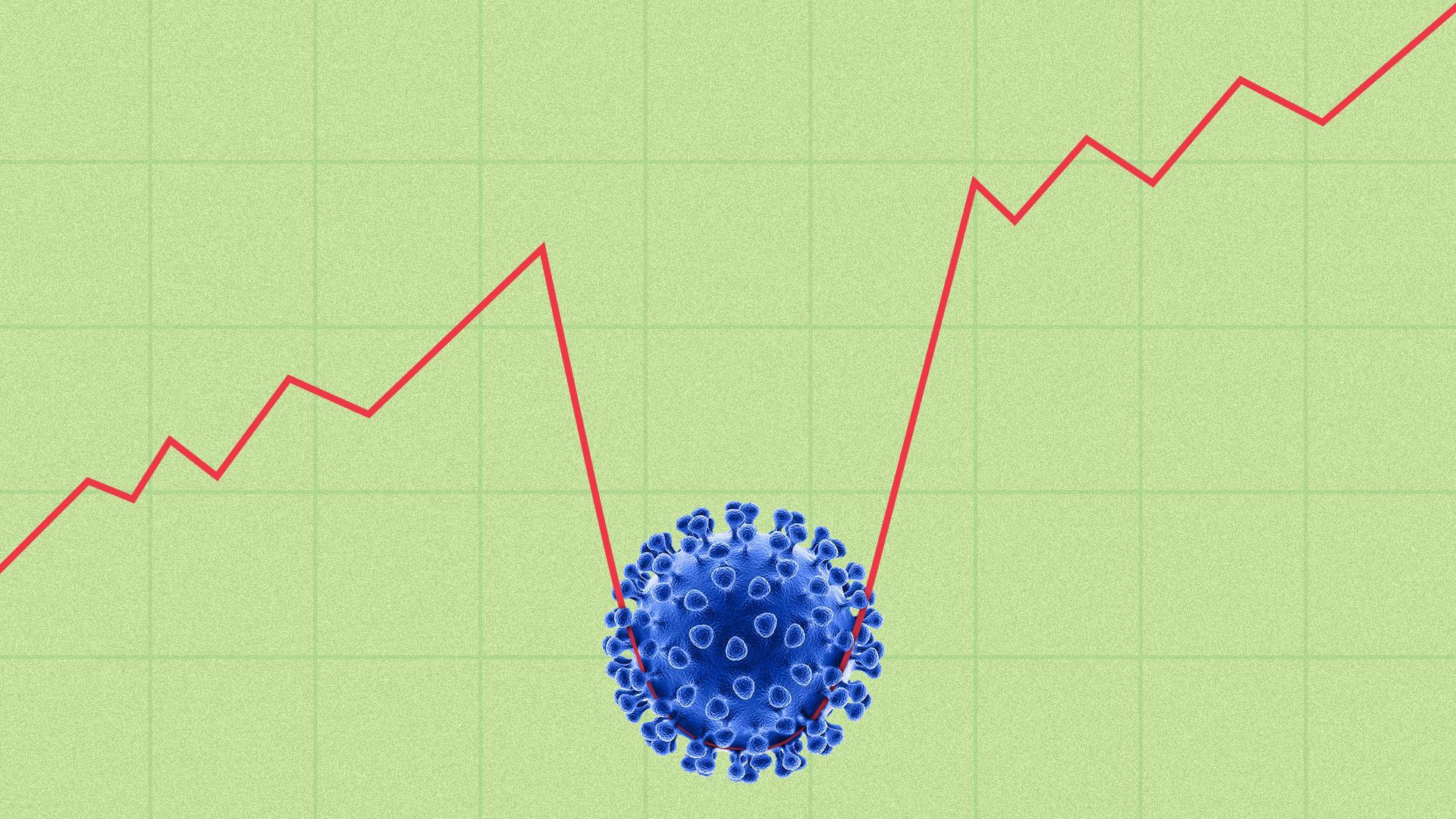 Illustration of a stock market graph with a trough holding a Covid-19 virus.