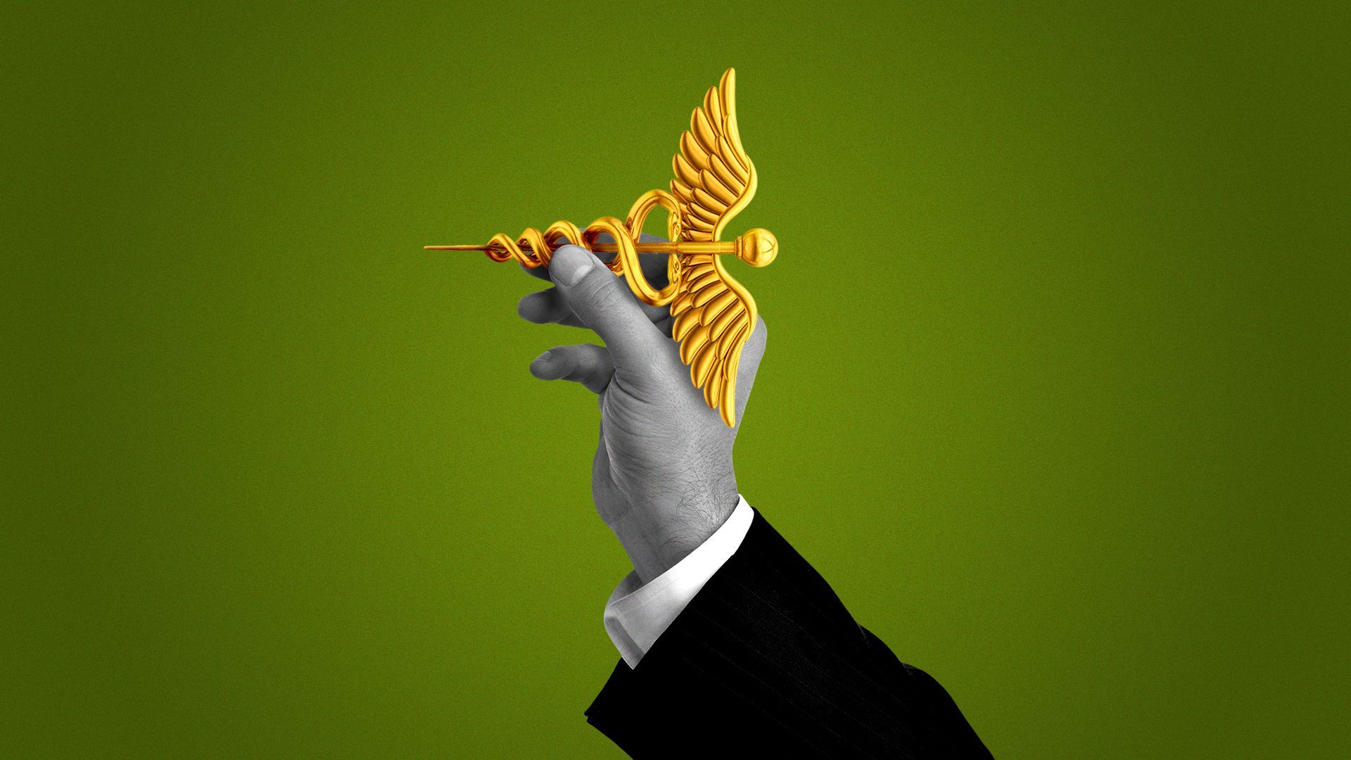 Illustration of a hand holding a caduceus like a dart.