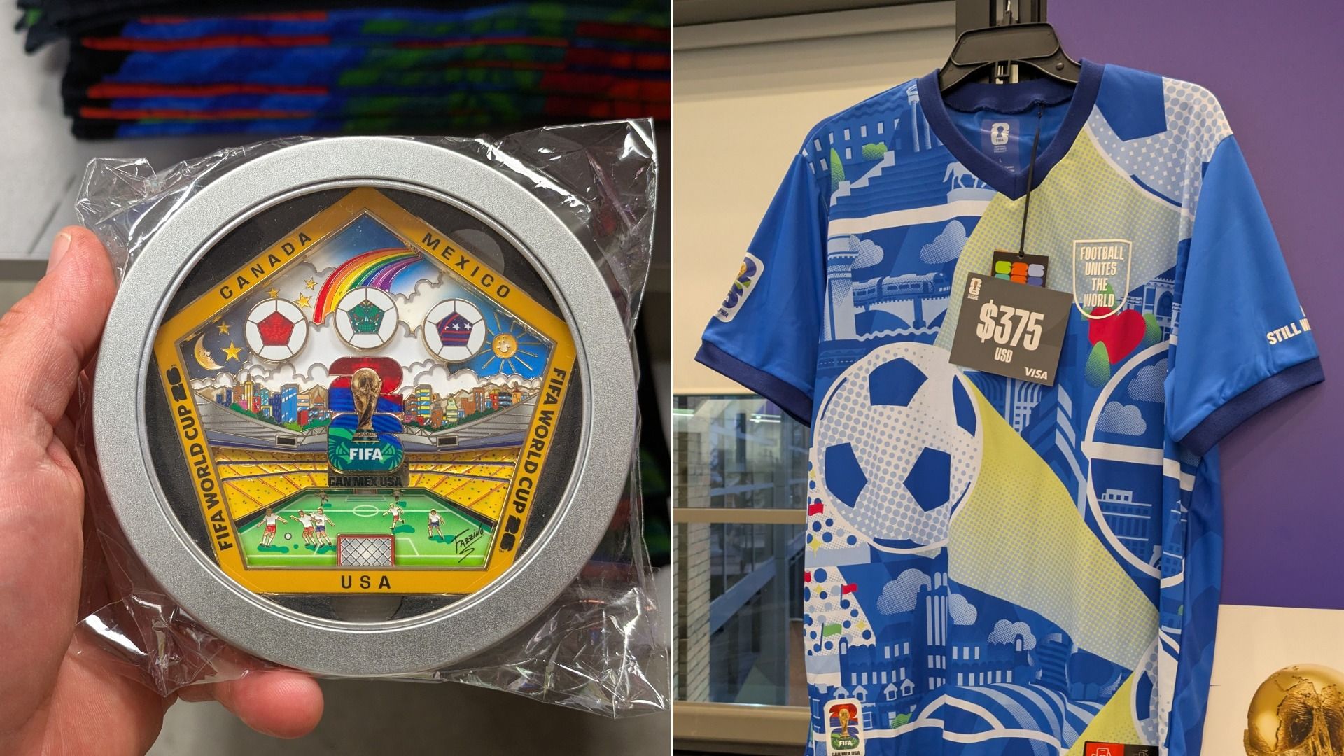 Two-panel image: left shows a hand holding a circular tin with a colorful FIFA World Cup 2026 pin inside; right shows a blue patterned soccer jersey on a hanger with a $375 USD tag.