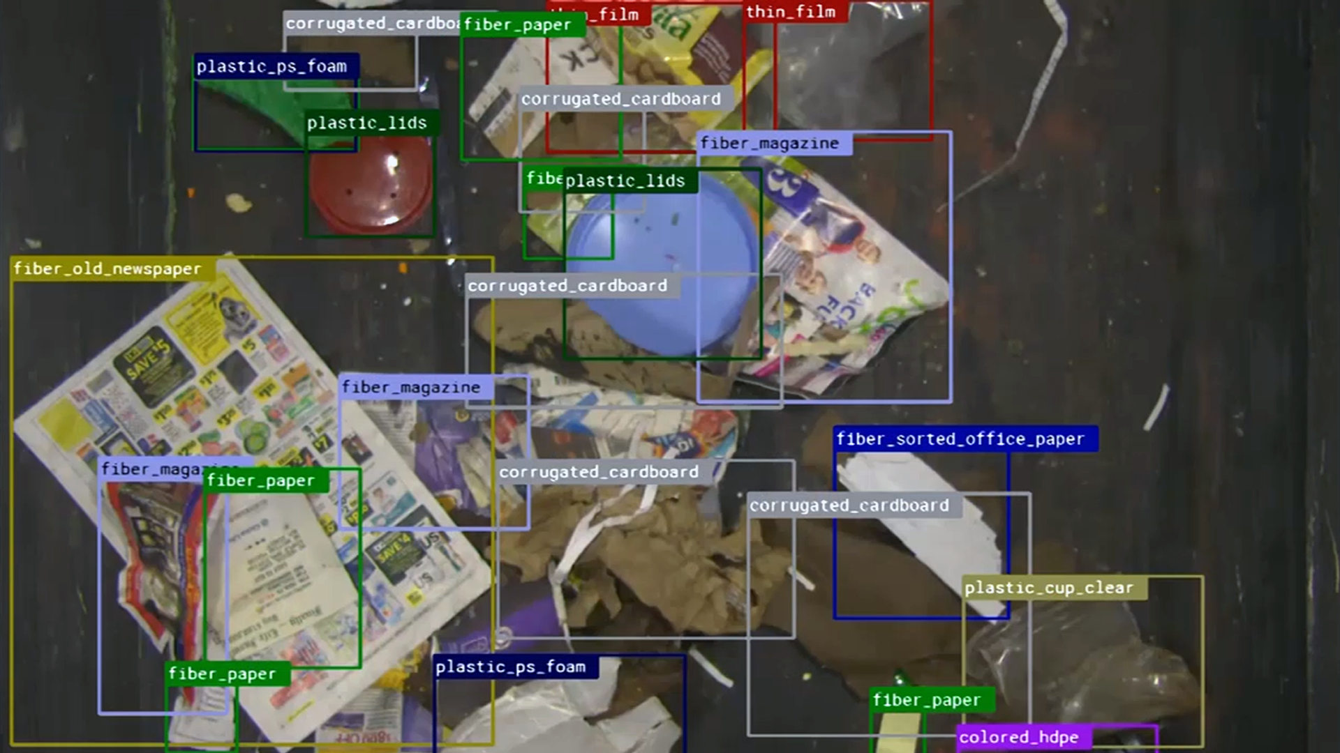 The AI identification output of objects on a conveyor belt, as seen through the camera or "eyes" of an AMP Robotics system.