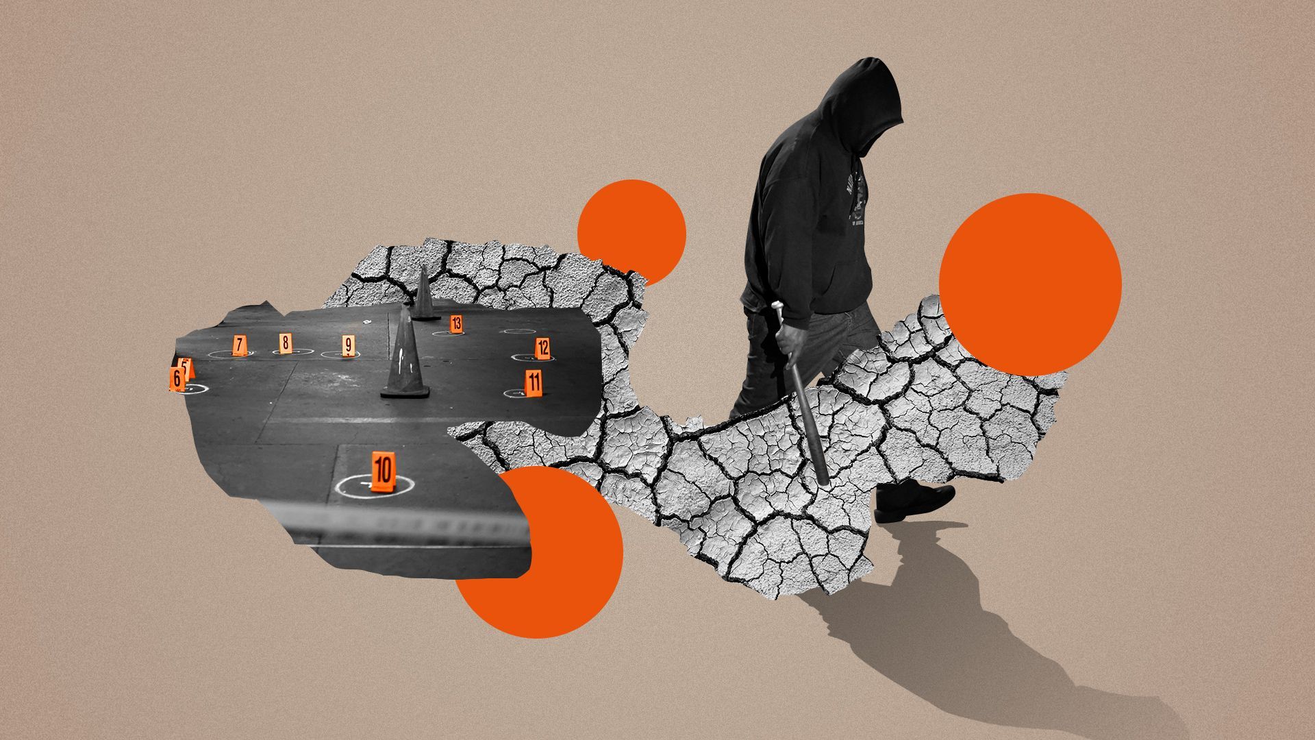 Photo illustration of a hooded man surrounded by abstract images of dried soil and a crime scene.